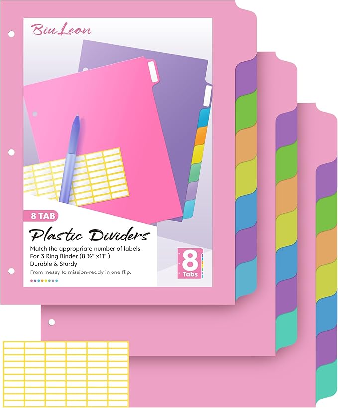 [24Pcs/3Set-8 Tab] Binder Dividers with Tabs, Plastic Dividers for 3 Ring Binder, Letter Size Binder Tabs for Organizing School Office Home Files, Write&Erase Notebook/Page Dividers