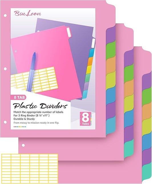 [24Pcs/3Set-8 Tab] Binder Dividers with Tabs, Plastic Dividers for 3 Ring Binder, Letter Size Binder Tabs for Organizing School Office Home Files, Write&Erase Notebook/Page Dividers