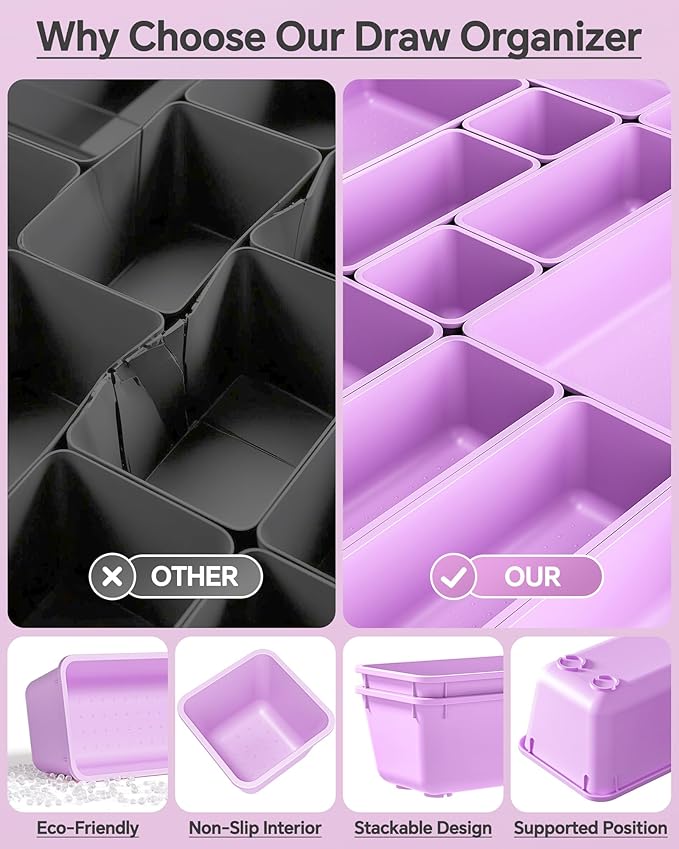 25 PCS Plastic Drawer Organizers Set, 4 Sizes Vanity Organizer, Makeup and Desk Drawer Organizer Trays, Organization and Storage for Makeup, Bathroom, Kitchen Utensils and Office (Purple)