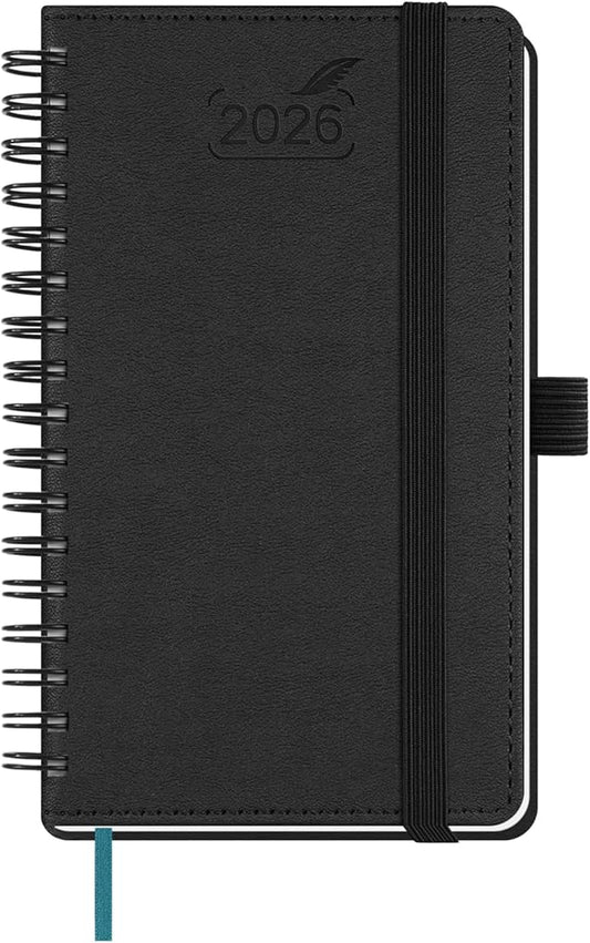 BEZEND Pocket Calendar 2026 Weekly and Monthly (3.5" x 6" Spiral) Small Daily Planner for Purse (Jan-Dec) with Notes & Expenses, Inner Pocket, Pen Holder, Vegan Leather Softcover - Black