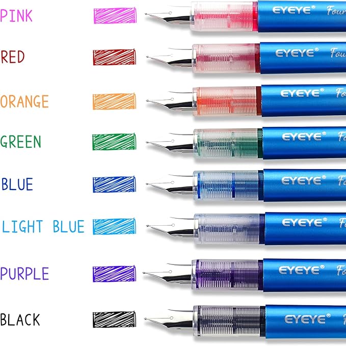 EYEYE Disposable Fountain Pens for Writing, Medium Point Stainless Steel Nib, Pack of 8 Assorted Colors