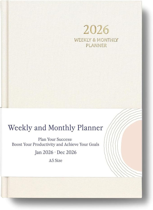 2026 Planner - Weekly and Monthly Planner, January 2026 - December 2026, Linen Hardcover, 2026 Calendar Planner Book with Tabs, Aesthetic, Perfect for Office Home School Supplies (Beige, A5)