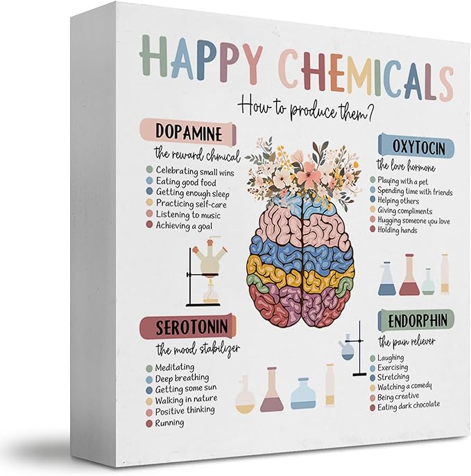 Mental Health Gifts Office Decor, Happy Chemicals Motivational Desk Sign, Counseling Office Must Haves, Positive Affirmations Decorative Accessories Inspirational Tabletop Decor, 5x5 Inch