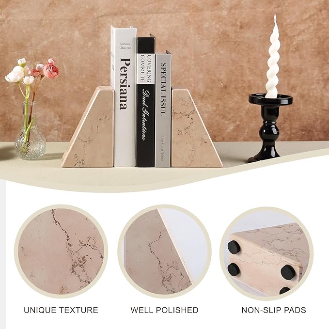 Koville Natural Stone Bookends for Shelves, Granite Book Ends for Heavy Books, Non-Slip Heavy Duty Book Stopper for CD/Movies, Decorative Bookend for Bookshelf Table Home Decor(Pink)