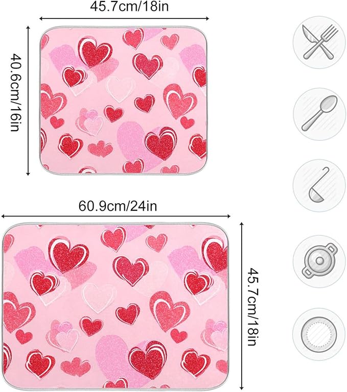 Happy Valentines Day Hearts Dish Drying Mat 16 X 18 Inch Stars Romantic Red Pink Glitter Love Heart Dry Dishes Pads Drainer Mats Tableware Protector for Home Kitchen Countertops Counter Decorations