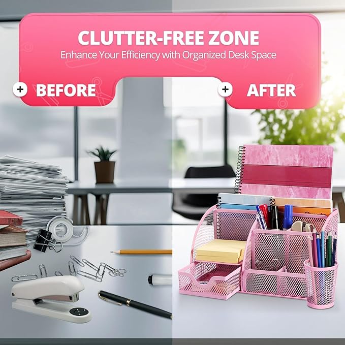 Flexzion Desk Top Caddy Organizer - Pink Office Desk Accessories Organizer and Storage - Metal Mesh Desk with 6 Compartments, Drawer and Pen Holder