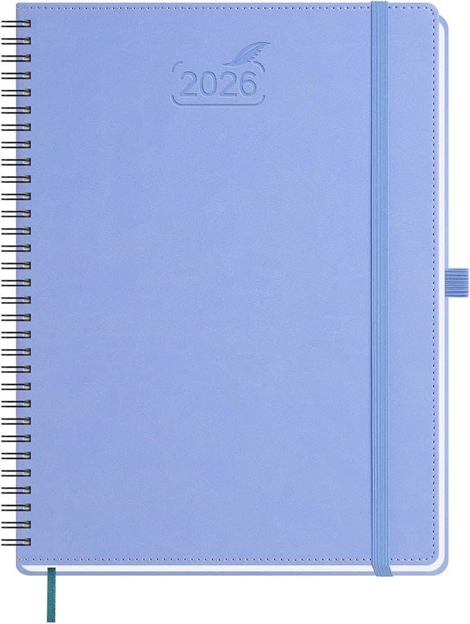 BEZEND 2026 Planner Weekly and Monthly (8.5" x 11" Spiral) Daily Calendar with Half-Hourly Timeslots & Tab (Jan-Dec) Note & Expenses, Pen Holder, Inner Pocket, Vegan Leather Softcover - Cornflower