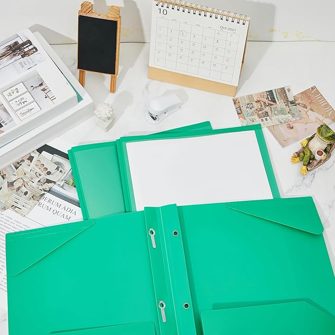 Henoyso 36 Pcs Plastic Folder with Clear Front Pocket and 3 Prong Plastic Folders with Card Slot Pocket Folders with Prongs for School Office (Green)