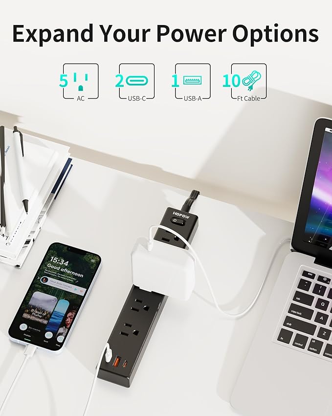Power Strip Surge Protector, 2 Pack, 10 Ft Ultra Thin Flat Extension Cord, Surge Protector with 5 Outlets & 3 USB Ports (2 USB C), 1700 Joules, 3-Prong, Wall Mount for Home Office Dorm, Black