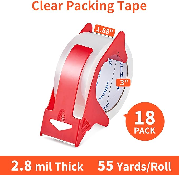 JARLINK 18 Rolls Clear Packing Tape with 3 Dispensers, Heavy Duty Packaging Tape Refills for Shipping Packaging Mailing, 2.8mil Thicker, 1.88 inches Wide, 55 Yards Per Roll, 990 Total Yards