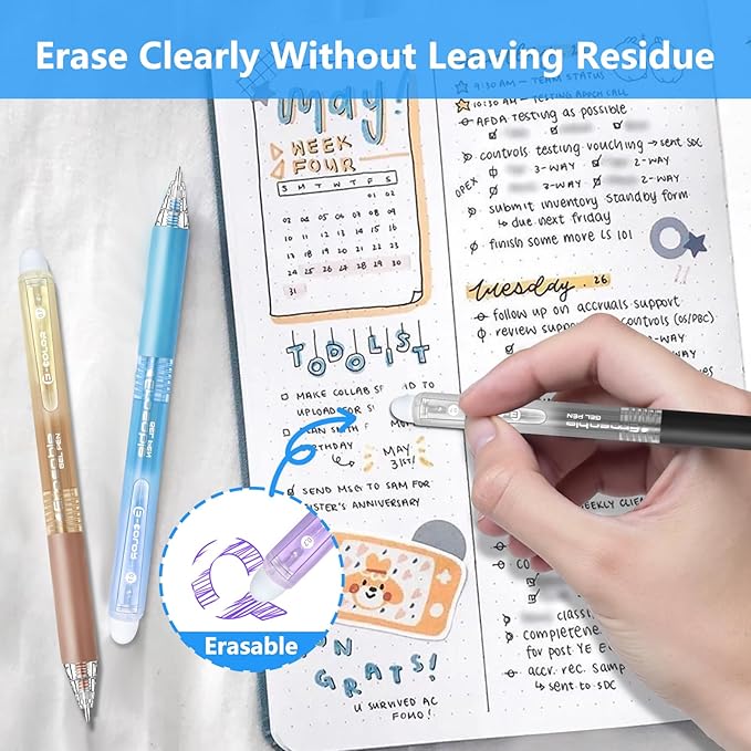 Erasable Gel Pen 24 Colors, Retractable Clicker 0.7mm Fine Point, Assorted Colors Inks, Make Mistakes Disappear, Erasable Gel Pens Perfect for Writing, Drawing & Planners