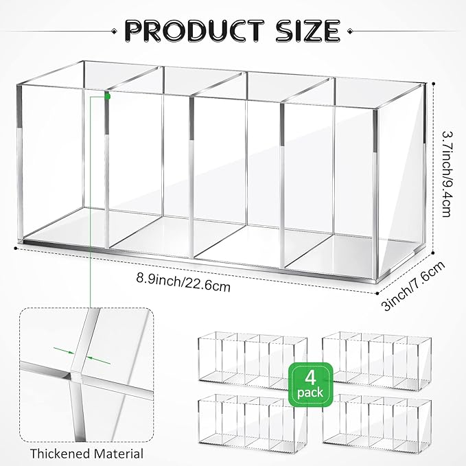 Pajean 4 Pack Acrylic Pen Pencil Holder - 4 Compartments Clear Pencil Pen Holder Organizer - Makeup Brush Holder Acrylic Pencil Organizer Cup for Office Home Supplies Desk Accessories