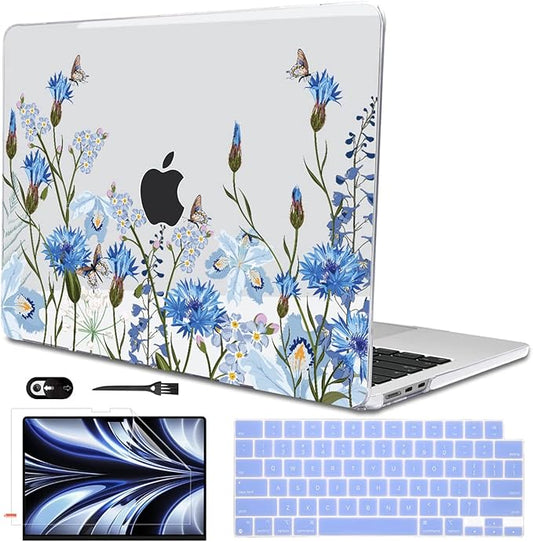 Compatible with M4 MacBook Air 13.6 inch Case 2025 2024 2023 2022 A3240 A3113 M3 A2681 M2 Chip, Crystal Pattern Plastic Hard Case Cover for Mac Air 13 M4 Touch ID, Tropical Blue Flowers