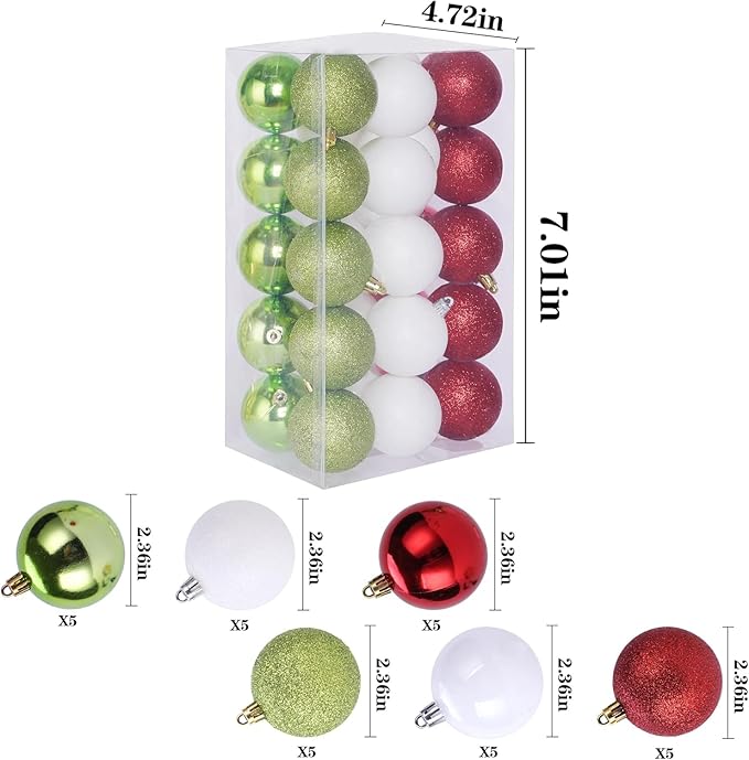30ct Christmas Ball Ornaments, 2.36" Shatterproof Christmas Tree Decorations, Perfect Hanging Ball for Indoor/Outdoor Holiday Party Decor(Red, Green & White)