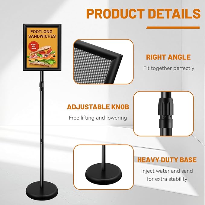 Poster Sign Stand Holder Adjustable Heavy Duty Aluminum Pedestal Floor Standing Sign Holder Vertical and Horizontal View Sign Displayed Snap Open,Advertising Display Stand (Black, 8.5x11inches)