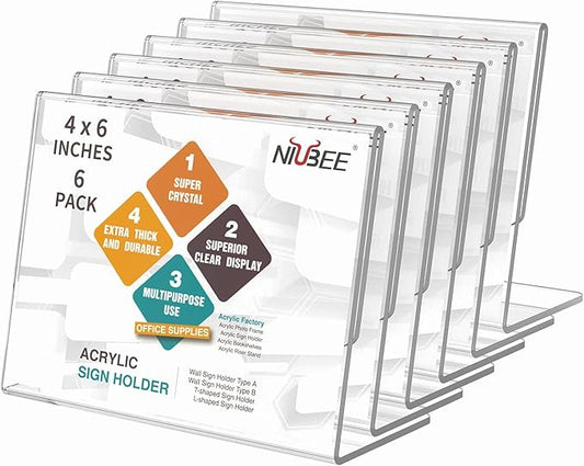 NIUBEE Slanted Back Acrylic Sign Holder 6 x 4 Inches, Clear Plastic Sign Holder Paper Display Table Stand for Office, Store, Restaurant -Horizontal (6 Pack)
