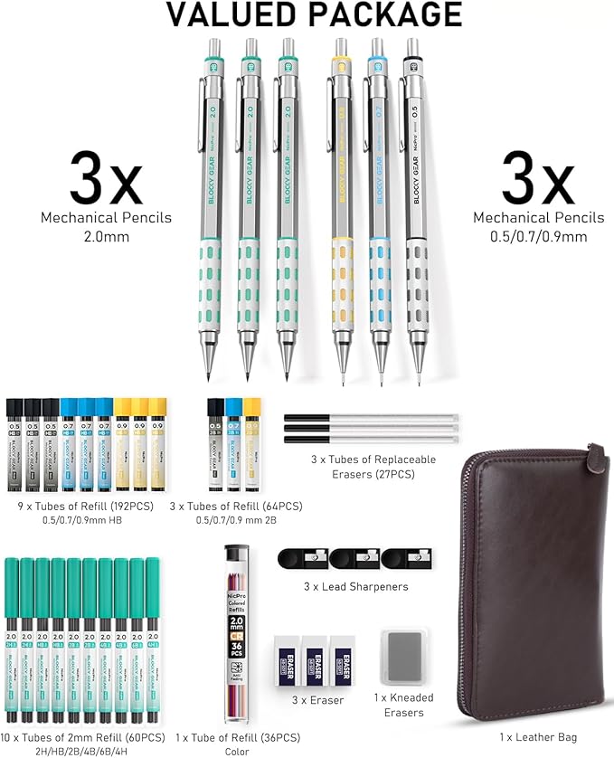Nicpro Blocky Gear Metal Mechanical Pencil Set with Leather Case, 40PCS Art Drafting Pencil 0.5, 0.7, 0.9 & 2mm Lead Pencil with 352PCS (HB 2H 4H 2B 4B 6B Color) Lead Refills for Sketching Drawing