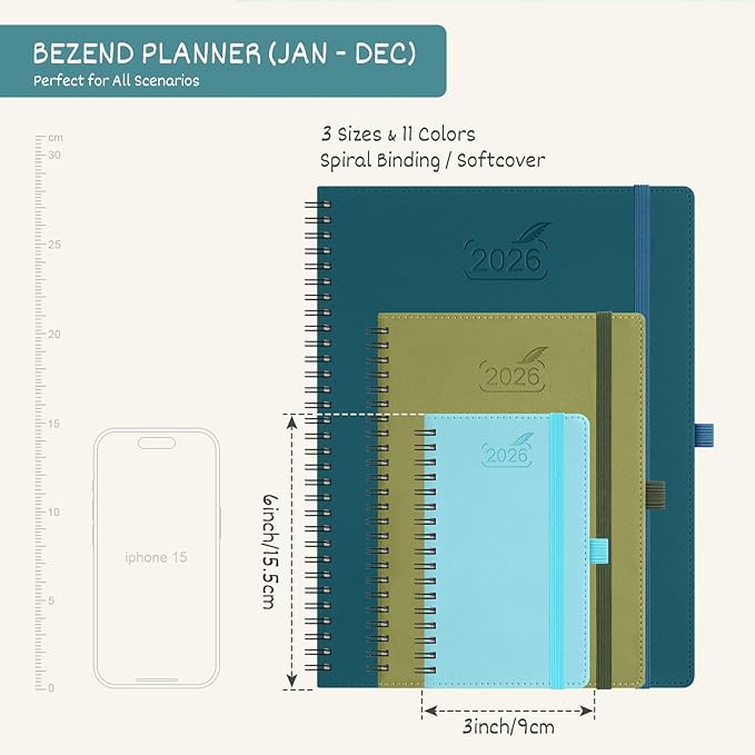 BEZEND Pocket Calendar 2026 Weekly and Monthly (3.5" x 6" Spiral) Small Daily Planner for Purse (Jan-Dec) with Notes & Expenses, Inner Pocket, Pen Holder, Vegan Leather Softcover - Blueberry