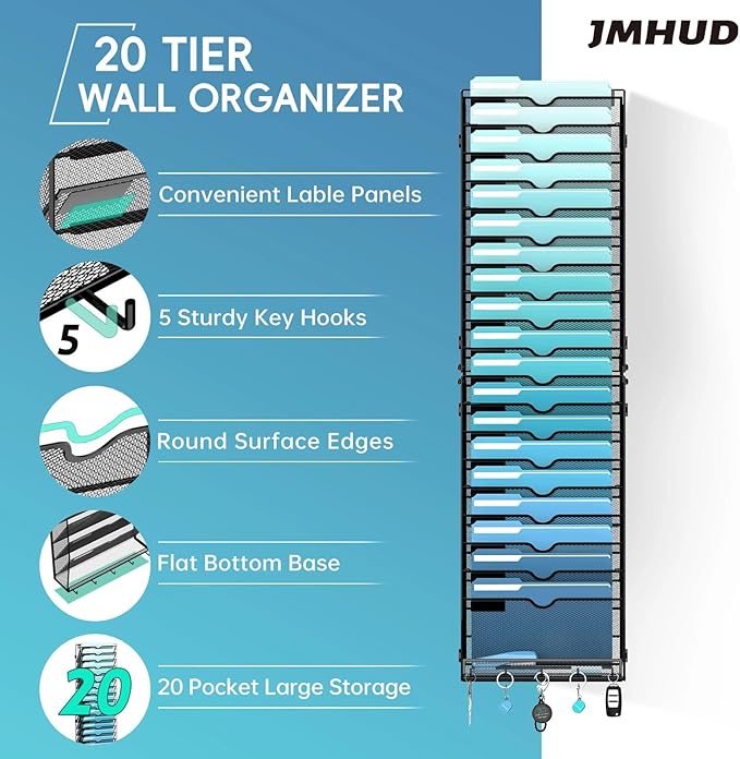 20-Tier Wall File Organizer with 5 Hooks, Hanging Mail Organizer Wall Mounted File Holder, Magazine Rack for Papers, Folders, Magazines, Office Organization, Assembly Needed, Black