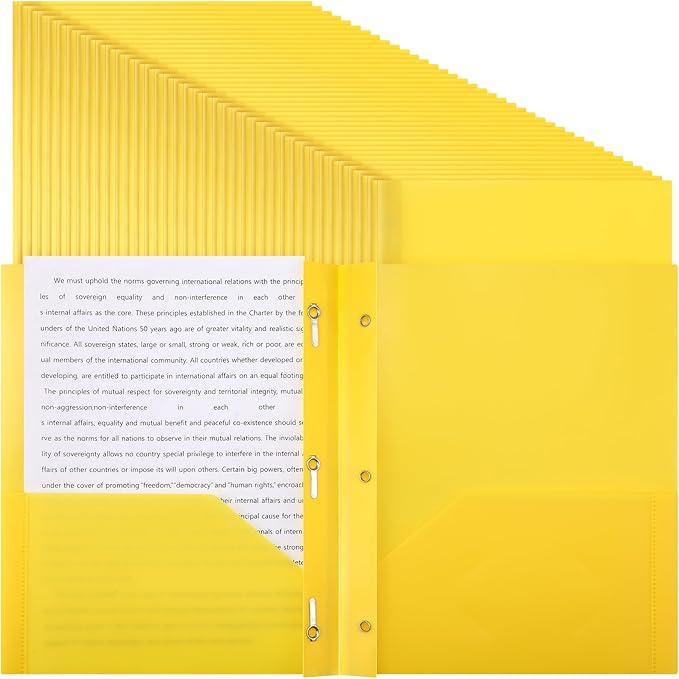 Patelai 48 Pcs Plastic Folders with 2 Pockets and 3 Prongs Home Folders with Card Slot Letter Size Heavy Duty Report Covers for Back to School(Yellow,Classic)