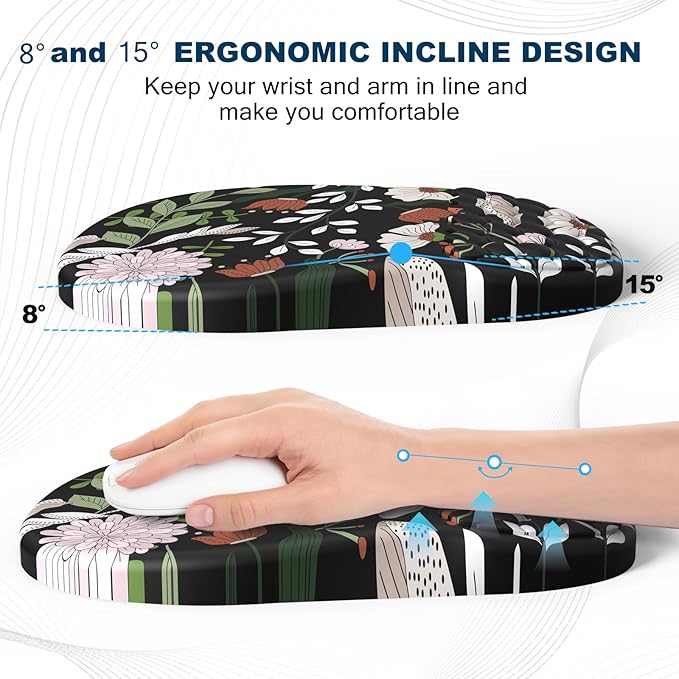 Ergonomic Mouse Pad and Keyboard Wrist Rest with Massage Design, Space-Saving Mouse Pad Wrist Support, Memory Foam Wrist Rest with Non-Slip PU Base for Computer Desk, Multiflora