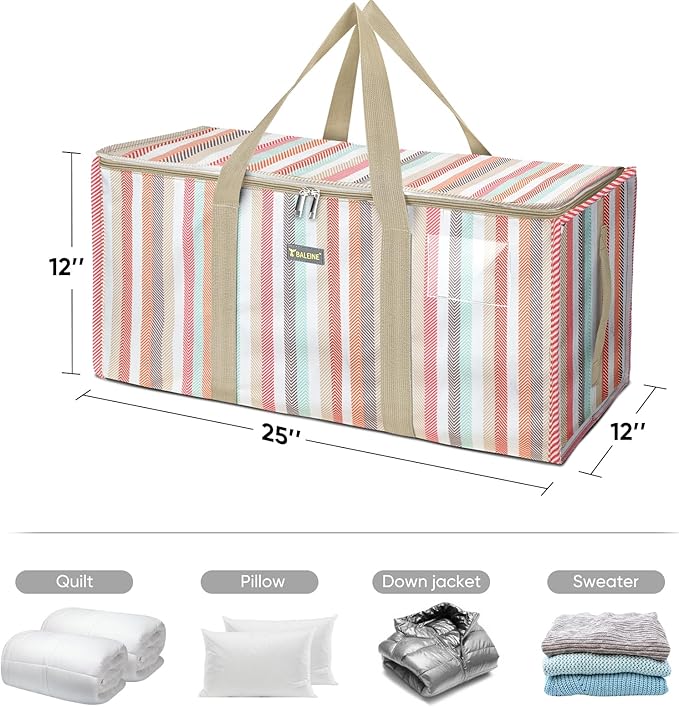 BALEINE Extra Large Storage Tote with Zippers & Carrying Handles, Heavy-Duty Oxford Fabric Moving Bags for Laundry, Space Saving, Storage, Color Stripe