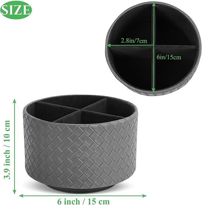 Hennaja Round Leather Art Supply Organizer,Remote Control Holder,360 Degree Spinning,Multi-Functional Pencil Holder,4 Compartments Desktop Stationary Organizer(1-Weave Grey)