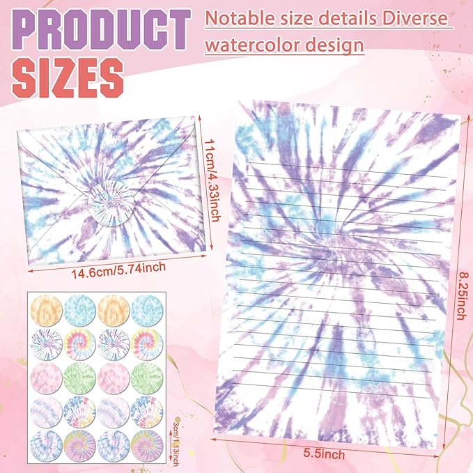 TaoBary 160 Pcs Stationery Paper Set 50 Double Sided Stationery Papers with 50 Matching Envelopes and 60 Round Dot Sticker, 10 Design(Tie Dye,5.5 x 8.25 Inch)