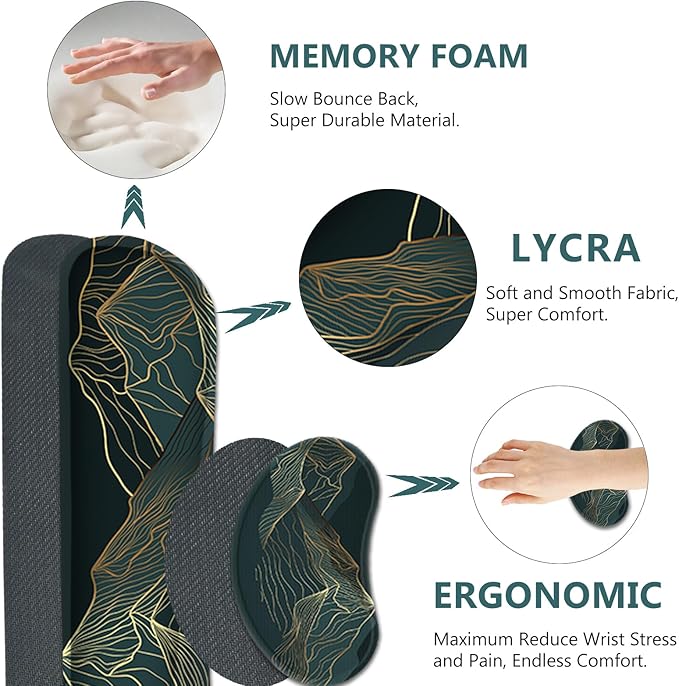 AIMSA Keyboard & Mouse Pad Set, Extended Desk Mat + Ergonomic Mouse & Keyboard Wrist Rest Support, 35x15.7in Abstract Gold Sun Mountain