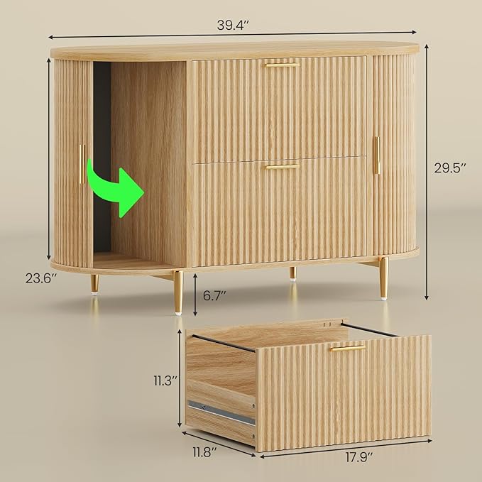 SEDETA 2 Drawer File Cabinet, 39.4" Filing Cabinet for Home Office, fit Legal/Letter/A4 Size, Modern Fluted Filing Cabinets with 2 Sliding Door Storage, Printer Stand, Natrual