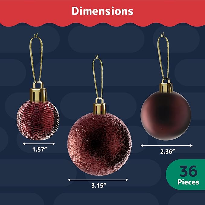 PREXTEX Wine Red Christmas Ornaments Set - 36 Shatterproof Wine Colored Ornaments for Christmas Tree, Holiday, Wreath, and Party Decor - Includes Small, Medium, Large Dark Red Christmas Balls