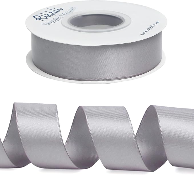 Ribbli Silver Double Faced Satin Ribbon,1” x Continuous 25 Yards,Use for Bows Bouquet,Gift Wrapping,Baby Shower,Floral Arrangement