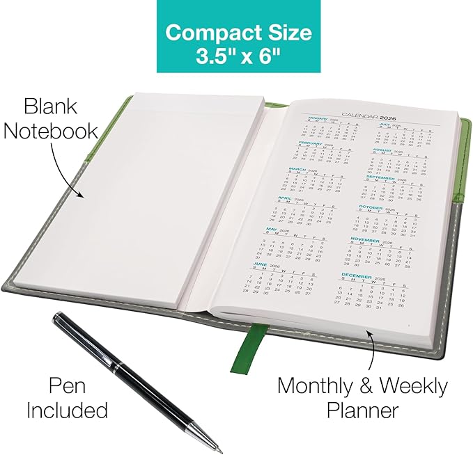 2026 Pocket Planner/Pocket Calendar and Pen, 3.5"x6": Includes 14 Months (November 2025 - December 2026) / 2026 Weekly Planner/Weekly Agenda/Monthly Calendar Organizer (Green/Black)