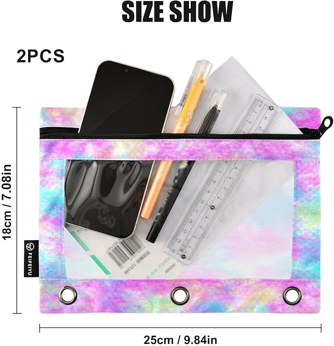ALAZA Pencil Pouch for 3 Ring Binder, Watercolor Gradient Tie Dye Binder Pencil Pouches with Clear Window Zipper Pencil Case Cosmetic Bags for Office College Supplies, 2PCS
