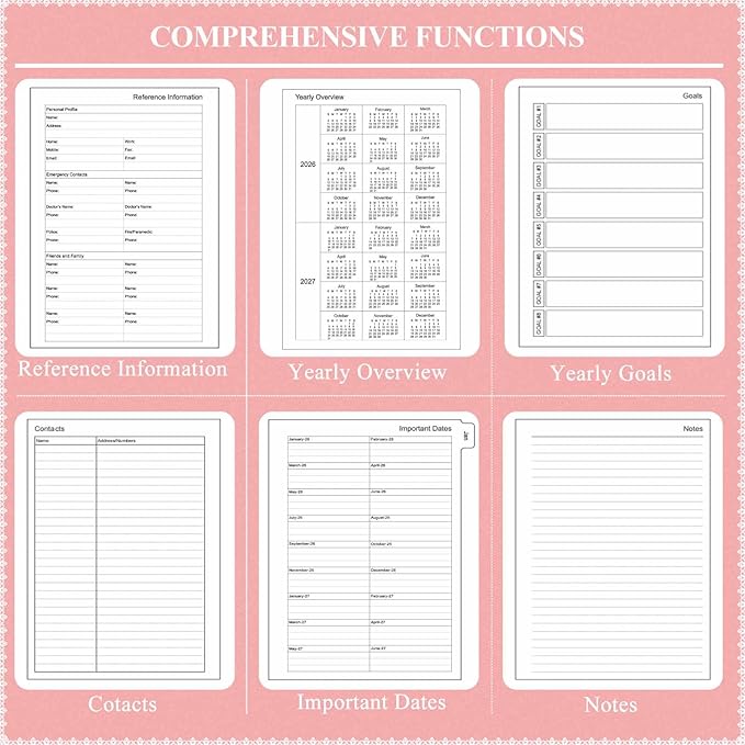 Tiankool Planner 2026-2027 - Jan 2026-Jun 2027 Weekly Monthly Planner with 18 Monthly Tabs, Elastic Closure, Inner Pocket, Round Corner,5.8" x 8.25"- Pink