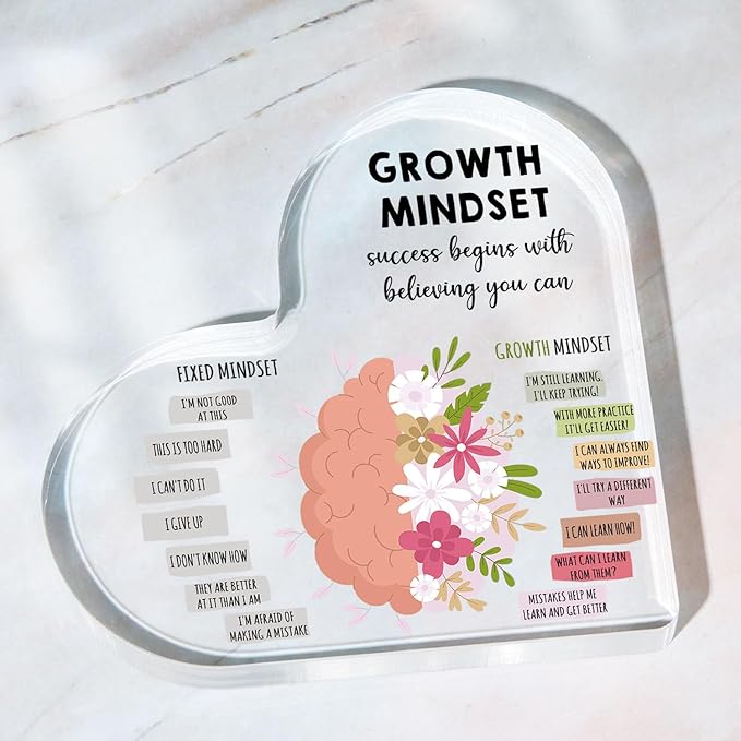 Growth Mindset Decor, Therapy Office Mental Health Classroom Art Educational Acrylic Heart Inspirational Gift Change Your Mindset Decorations Positive Sayings Inspirational Gifts for Teacher Students