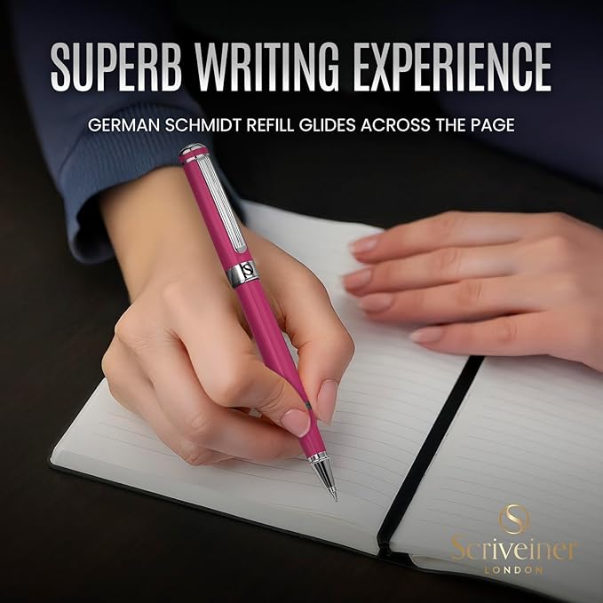 Scriveiner Fuchsia Rollerball Pen - Stunning Luxury Pen With Chrome Finish, Schmidt Ink Refill, Best Roller Ball Gift Set for Men & Women, Professional, Executive Office, Nice Pens