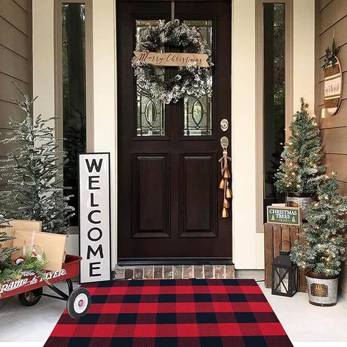Red and Black Plaid Rug, 2'4" x 3'7" Check Outdoor Front Door Decorative Mat, Cotton Woven Rug for Layered Door Mats Washable Carpet for Porch, Entryway, Farmhouse, Christmas, Halloween