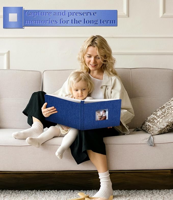 Photo Album Self Adhesive Scrapbook Album for 3x5 4x6 5x7 8x10 Pictures,60 Pages Linen Cover with Display Window DIY Photo Book,Ideal Gifts for Family Travel Wedding Baby