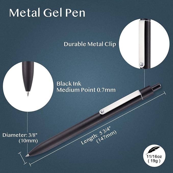 LINFANC 5 Pcs Gel Pens Ballpoint, Metal Barrel Medium Point 0.7 mm Quick Dry Black Ink Cute Pens for Journaling, Smooth Writing Gel Pen, Cute School Supplies Office Supplies Gifts for Women
