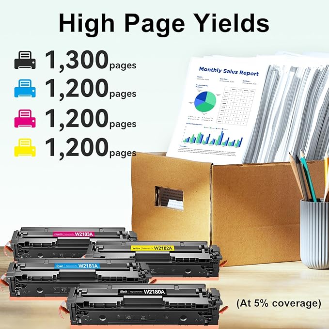 SAILNER 218A Toner Cartridges 4 Pack, 3301fdw Toner Replacement for HP 218A 218X W2180A Toner Cartridge Set for HP Color Laserjet Pro 3301cdw 3301fdw 3301sdw 3201dw Printer (NO CHIP)