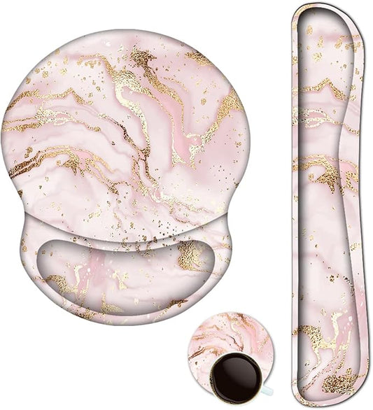 ArtSo Upgraded Wrist Rest Support for Mouse Pad & Keyboard, Ergonomic Gel Mousepad Non-Slip Rubber Base Home,Office Pain Relief & Easy Typing Cushion Neoprene Cloth & Soft Memory Foam, Pink Marble