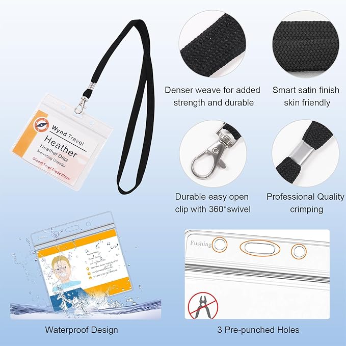 Name Badge Holders with Lanyards - Fushing 100Pcs Clear Plastic Horizontal Name Tag Badge ID Card Holders and Lanyards for 3 x 4 Inch Name Badge Inserts or Name Tag Inserts