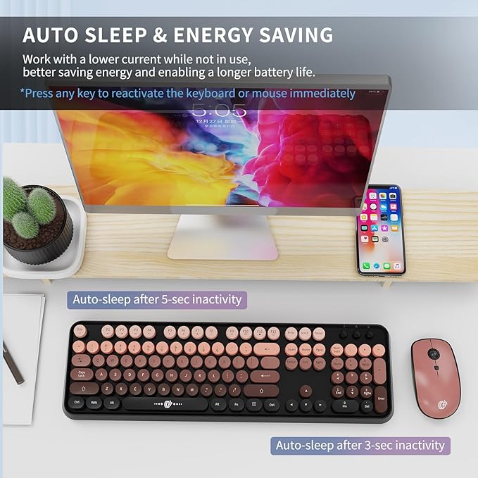 FD Wireless Keyboard and Mouse Combo - 2.4G Full-Sized Cute Colorful Mouse and Keyboard with 104 Round Keys Retro Typewriter Keyboard for Laptop/Windows/PC - Black Gradient