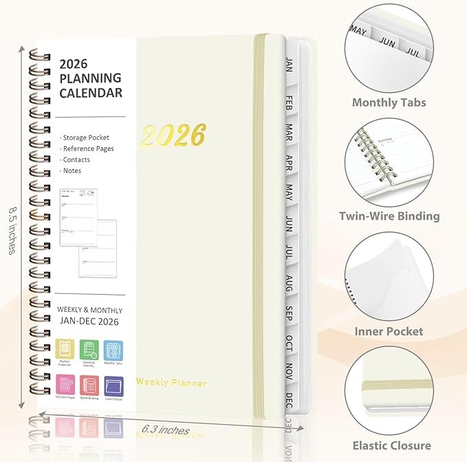 2026 Planner, Weekly and Monthly Calendar Planning Agenda, Jan 2026 - Dec 2026, Academic Planner Book, Desk Accessories and Office Supplies for women & men - A5 (6.3'' x 8.5'')