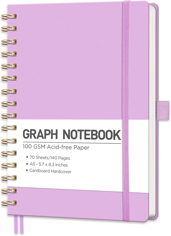 RETTACY Graph Grid Paper Notebook, 140 Pages, A5 Medium Size (5.7'' x 8.3''), 5 Squares per Inch, Hardcover, 100 GSM Thick Paper, for School, Students, Math, Engineering (Lilac)