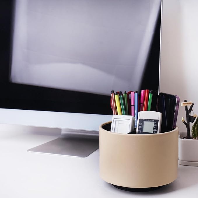 Hennaja Round Leather Art Supply Organizer,Remote Control Holder,360 Degree Spinning,Multi-Functional Pencil Holder,4 Compartments Desktop Stationary Organizer(1-Oil Apricot)