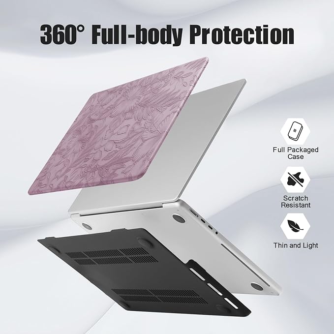 DTangLsm Compatible for MacBook Air 13 inch Case 2021 2020-2018 M1 A2337 A2179 A1932, Elegant Texture Leather Plastic Hard Shell Cover for MacBook Air 13.3 M1 Case+Keyboard Cover,Lilac Embossed Floral