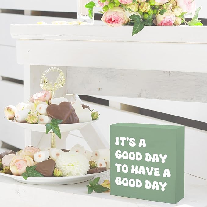 Sage Green Office Desk Accessories Decor Sign Positive Decor Motivational Gifts for Women - Inspirational Wooden Box Sign Desk Decorations Good Vibes Decoration for Home Office