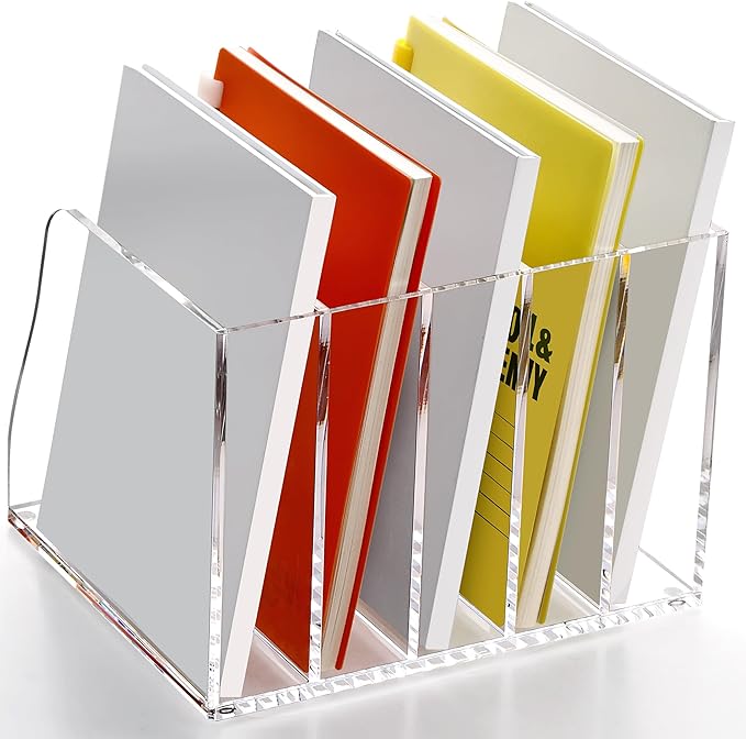 SANRUI Acrylic Magazine File Holder Desk Sorter Organizer, 5 Vertical Compartments Clear Folder Rack Binder Bookstore Workspace Sorters,for Office Accessories Organization Storage